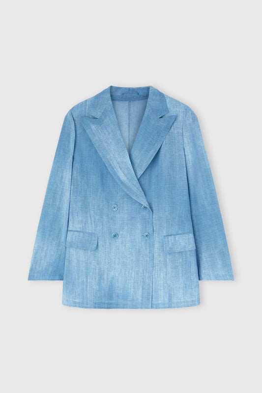 Double-breasted jacket in silk-effect chiffon, jeans print