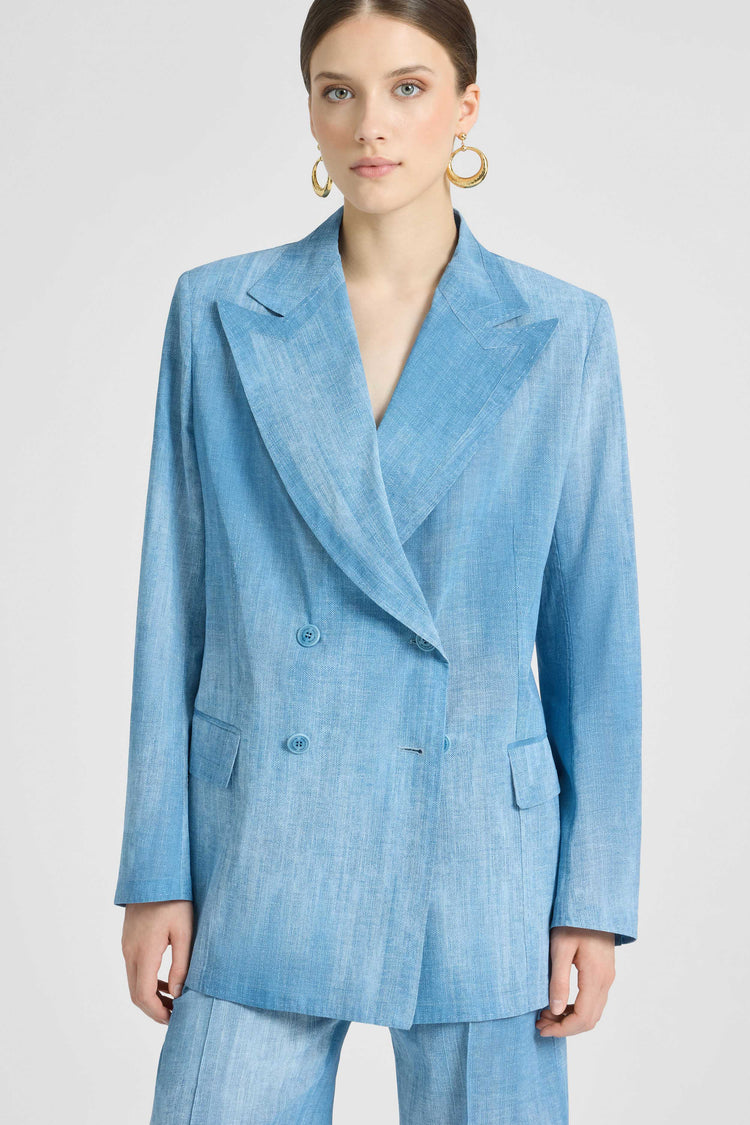 Double-breasted jacket in silk-effect chiffon, jeans print