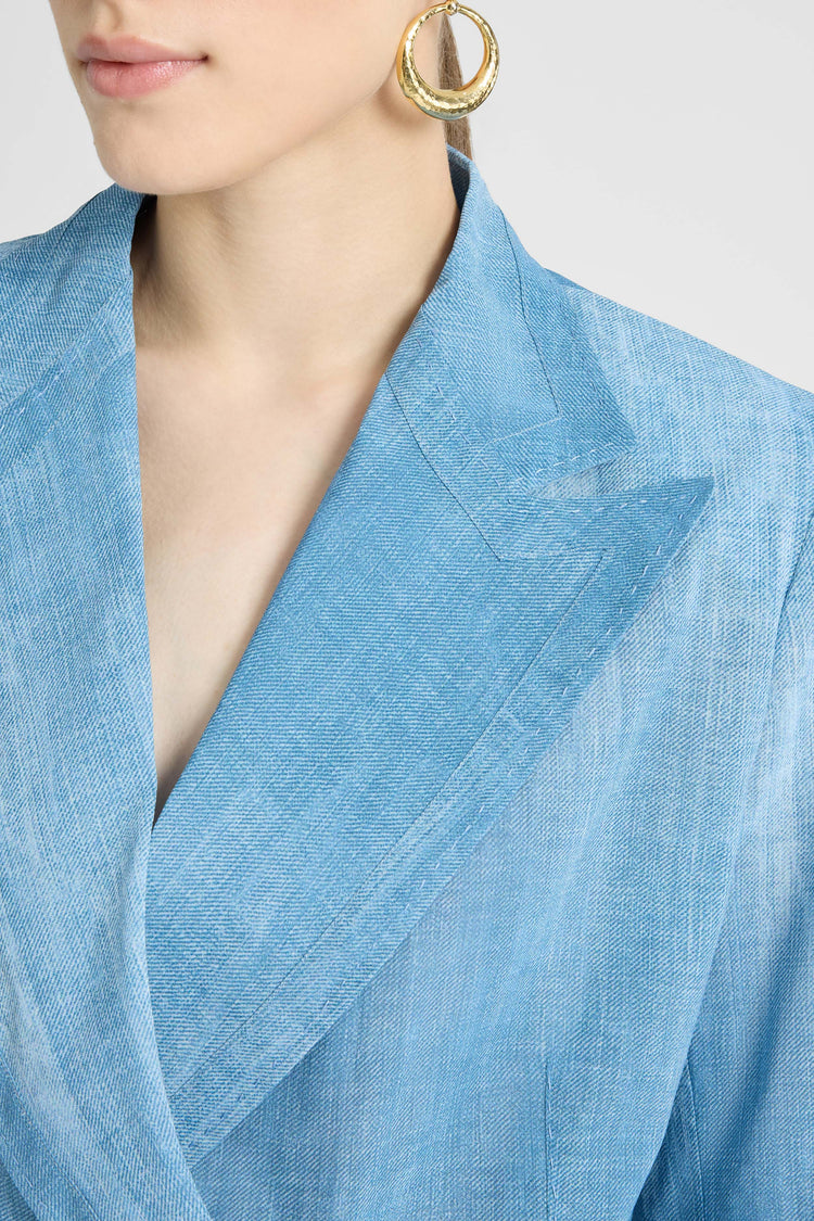Double-breasted jacket in silk-effect chiffon, jeans print