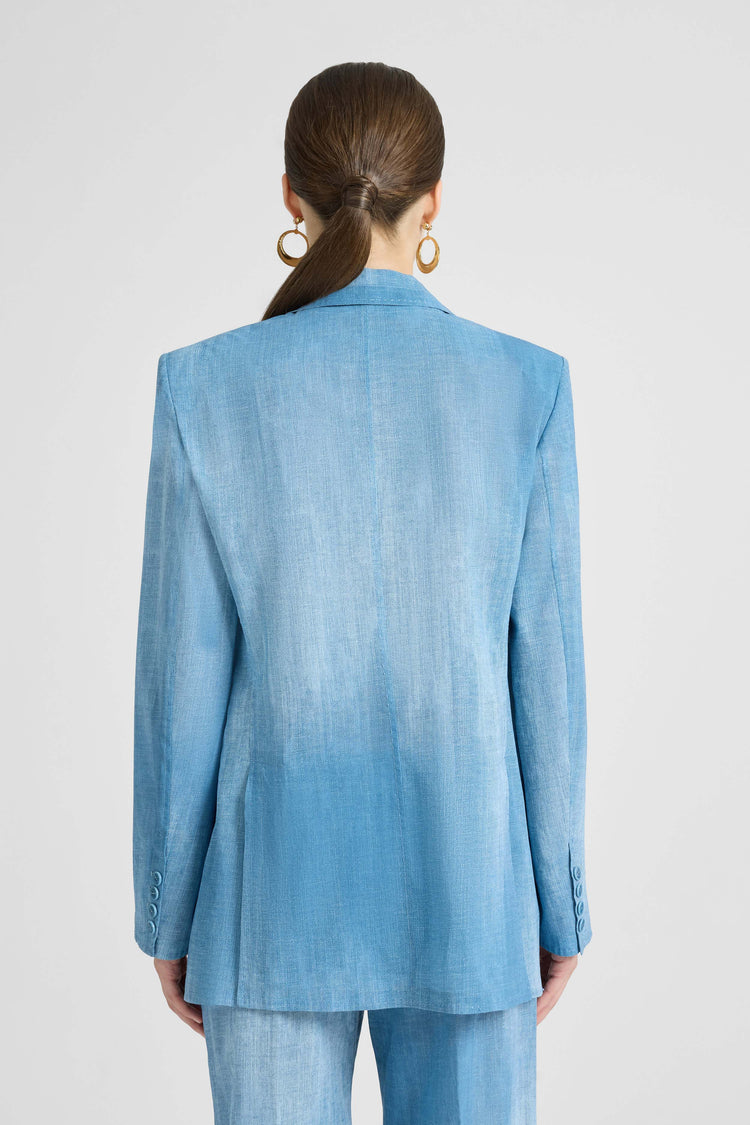 Double-breasted jacket in silk-effect chiffon, jeans print