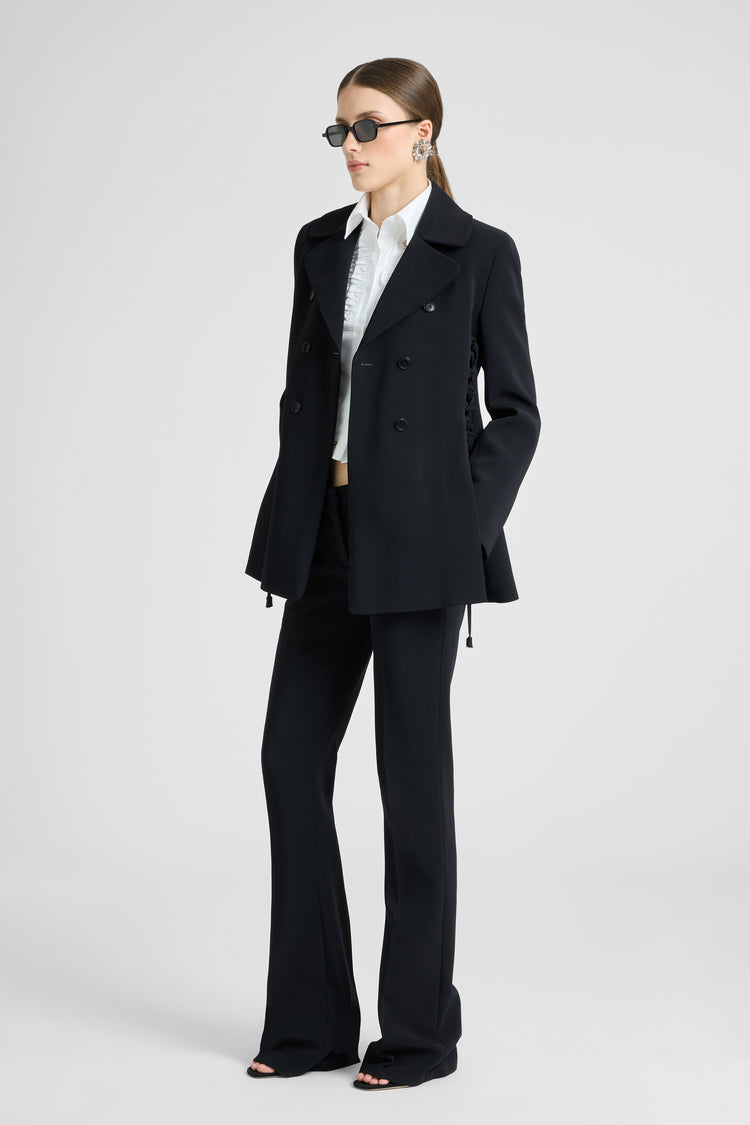 Double-breasted cadì viscose jacket with guepierre details