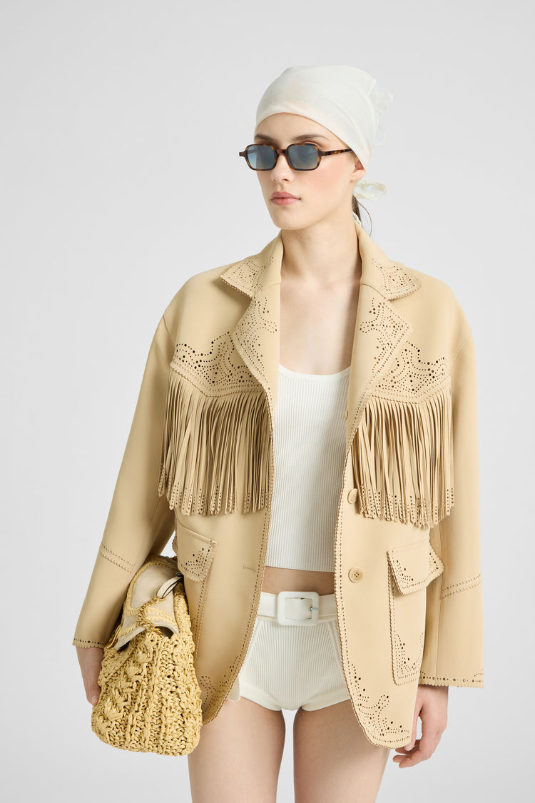 Single-breasted cadì jacket with fringes and broguing