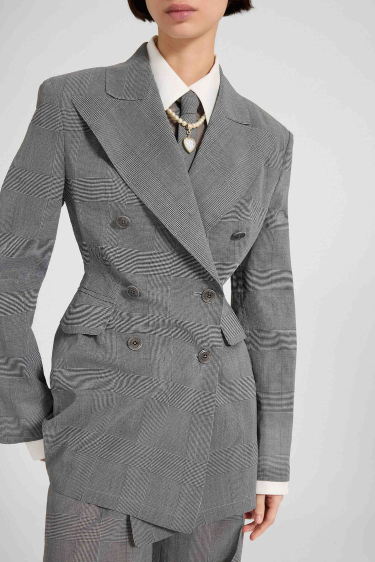 Fitted double-breasted jacket in technical georgette, sculptural model