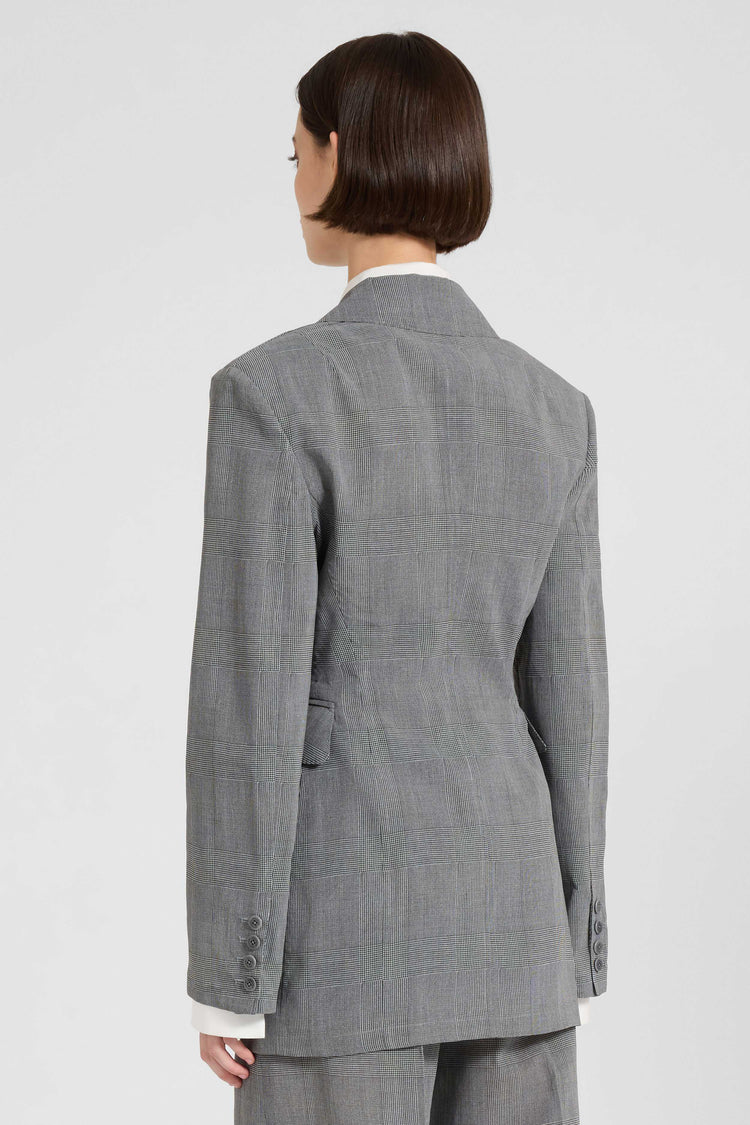 Fitted double-breasted jacket in technical georgette, sculptural model