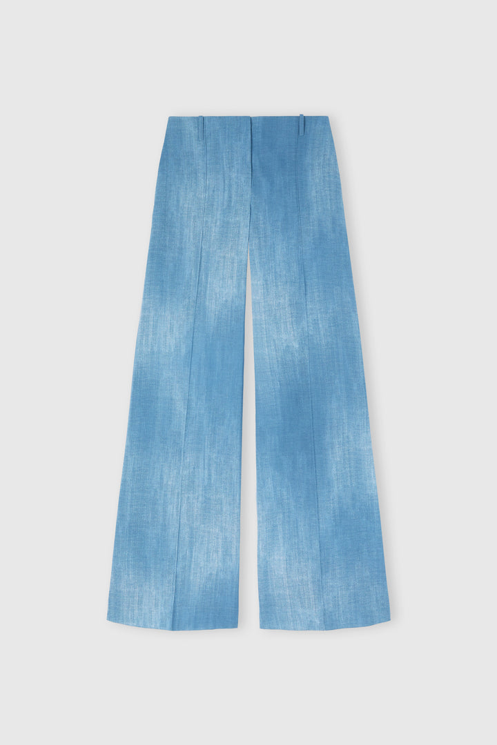Wide-leg trousers in layered chiffon with jeans print