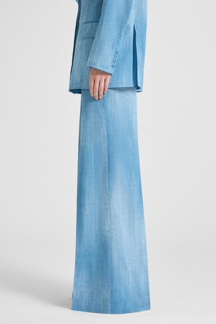Wide-leg trousers in layered chiffon with jeans print