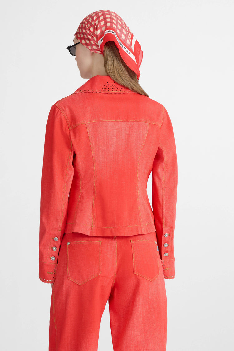 Fitted red jeans-print marocain jacket with broguing collar