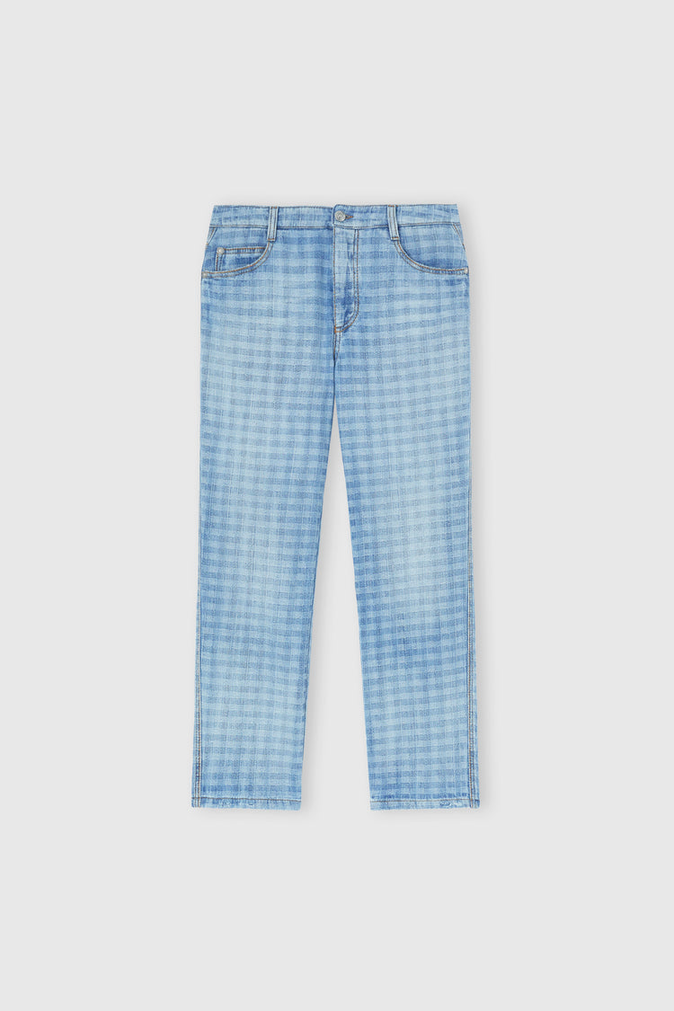 Straight-leg jacquard vichy denim trousers