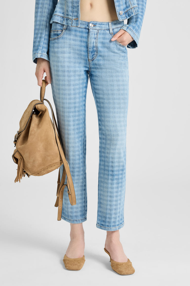 Straight-leg jacquard vichy denim trousers