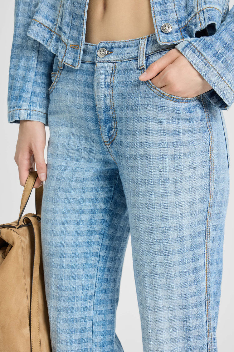 Straight-leg jacquard vichy denim trousers