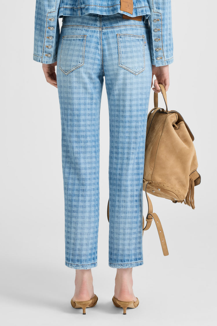 Straight-leg jacquard vichy denim trousers