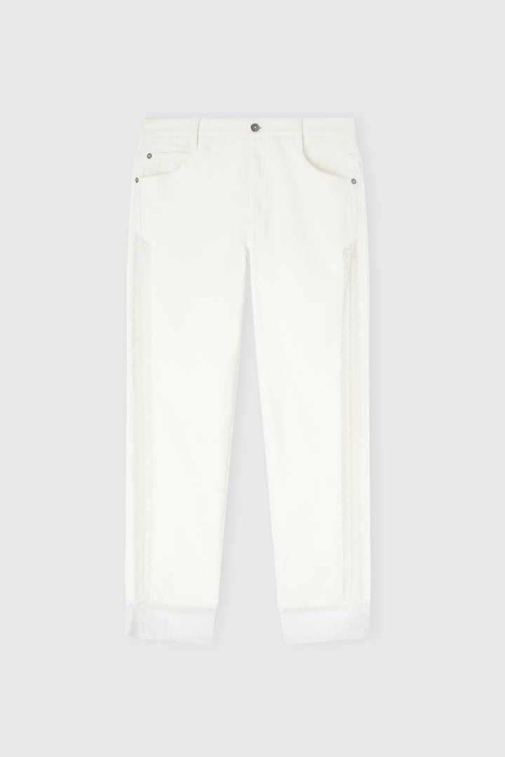 Cigarette-fit denim trousers with Valencienne lace inserts