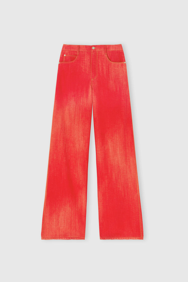 Red printed jeans-effect marocain palazzo trousers