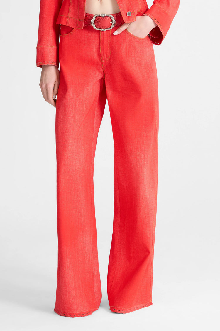 Red printed jeans-effect marocain palazzo trousers