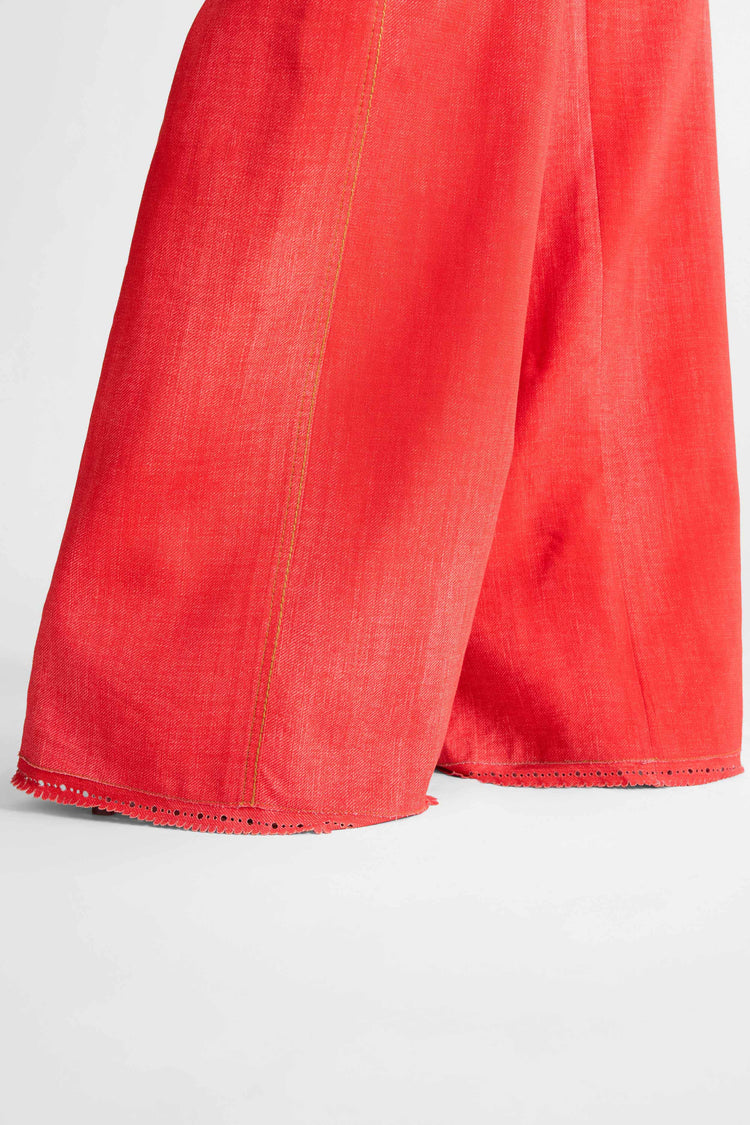 Red printed jeans-effect marocain palazzo trousers