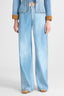 Blue printed jeans-effect marocain palazzo trousers