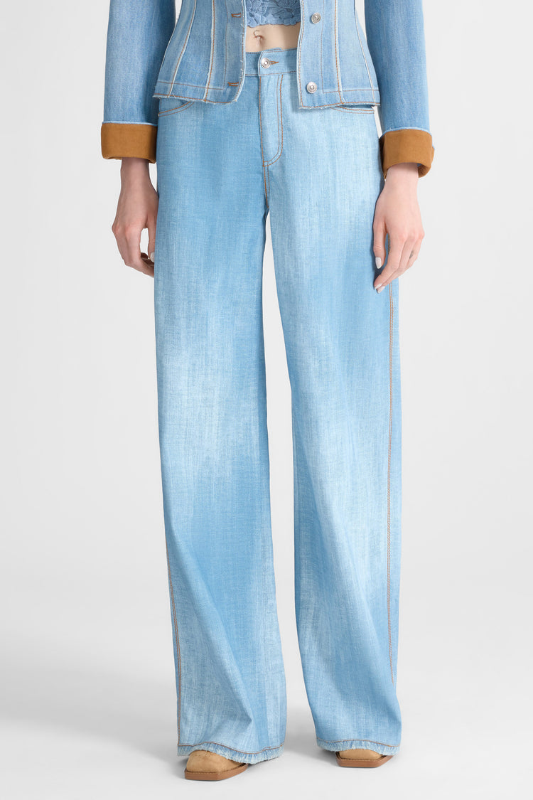 Blue printed jeans-effect marocain palazzo trousers