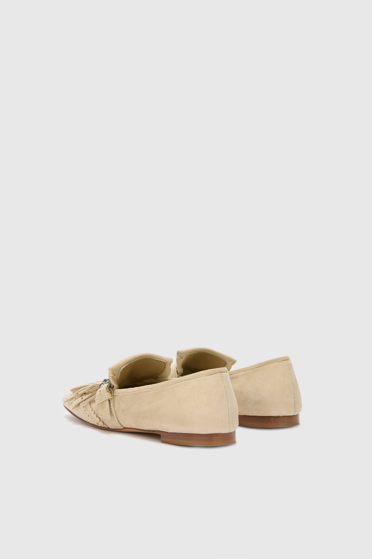 Suede ballerina with fringes and daisy buckle