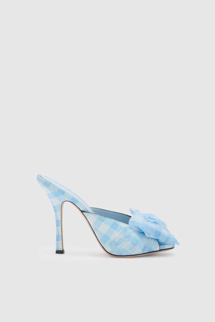 Suede vichy printed mules in white and light blue