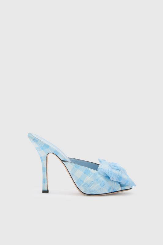 Suede vichy printed mules in white and light blue