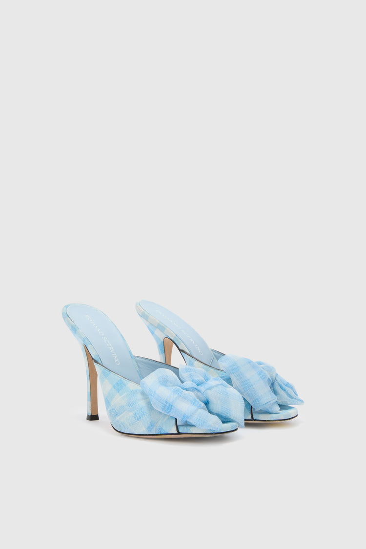Suede vichy printed mules in white and light blue