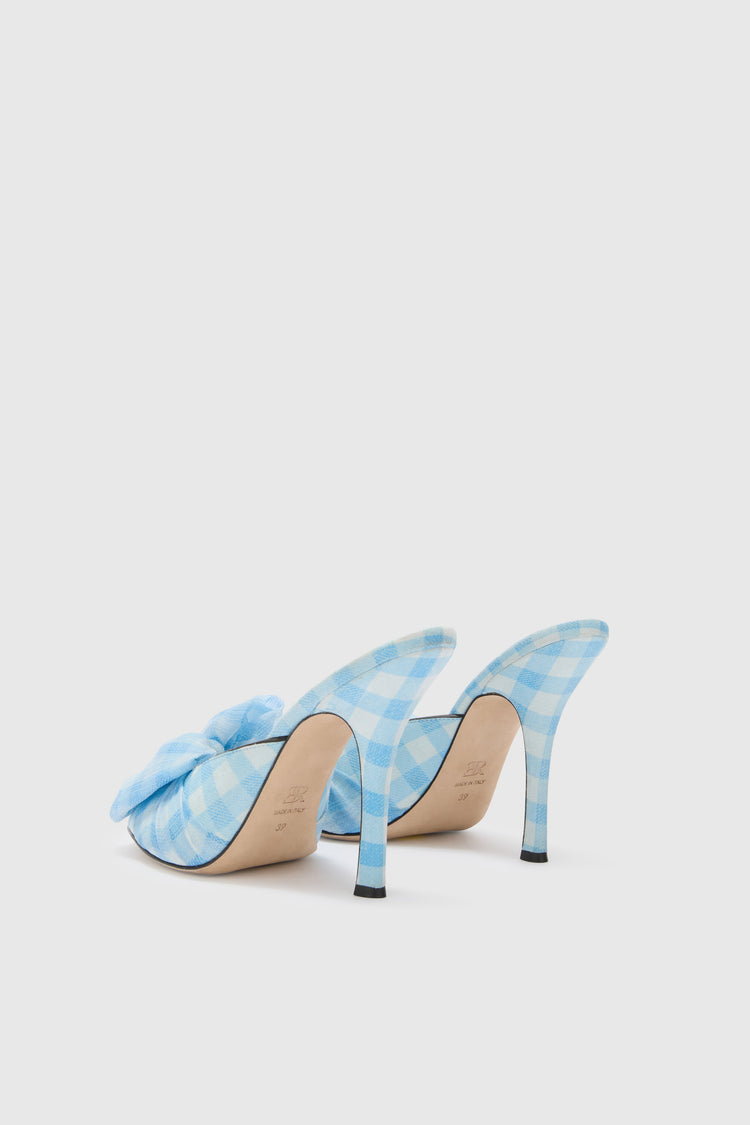 Suede vichy printed mules in white and light blue