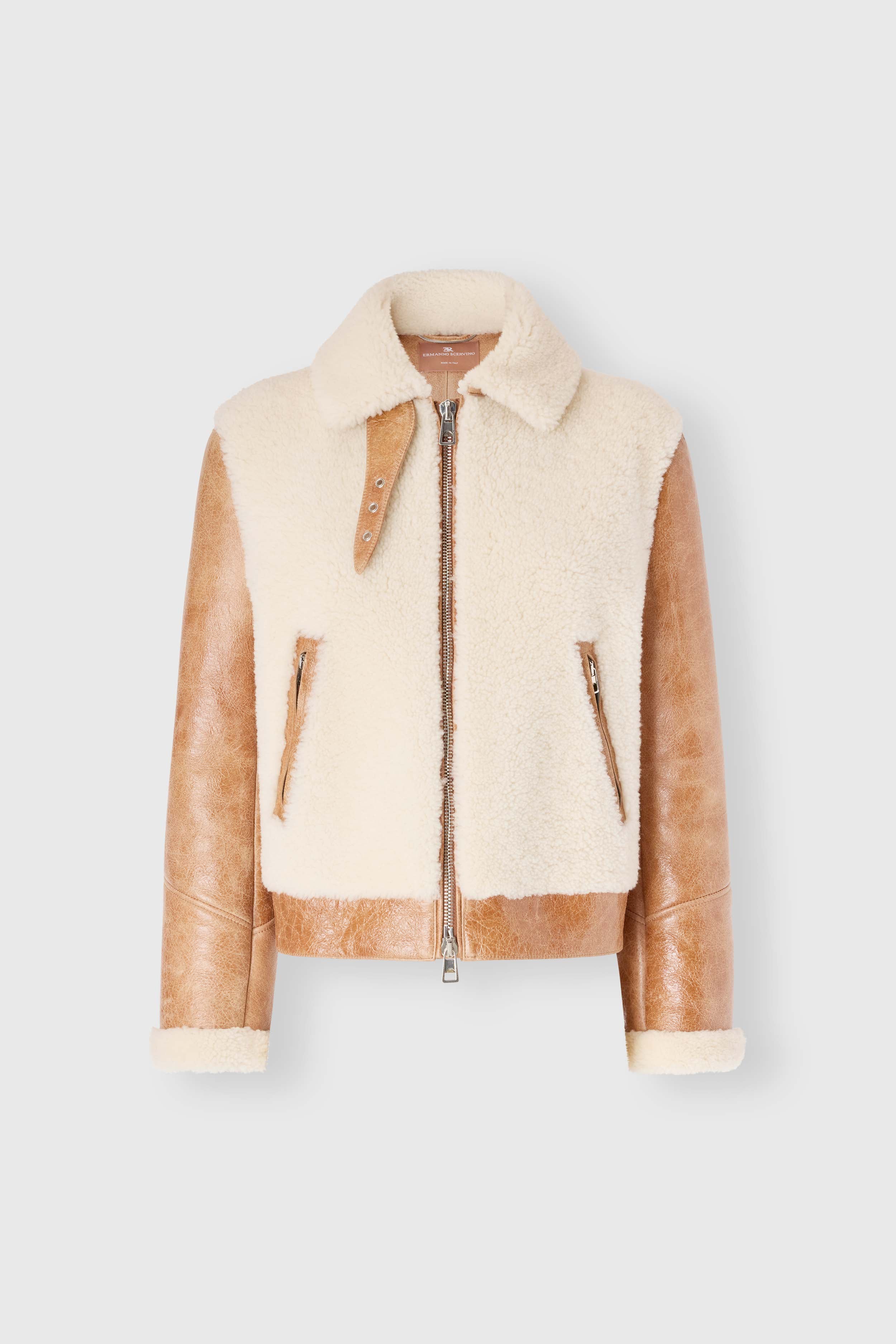 Cropped aviator shearling jacket with waxed finish