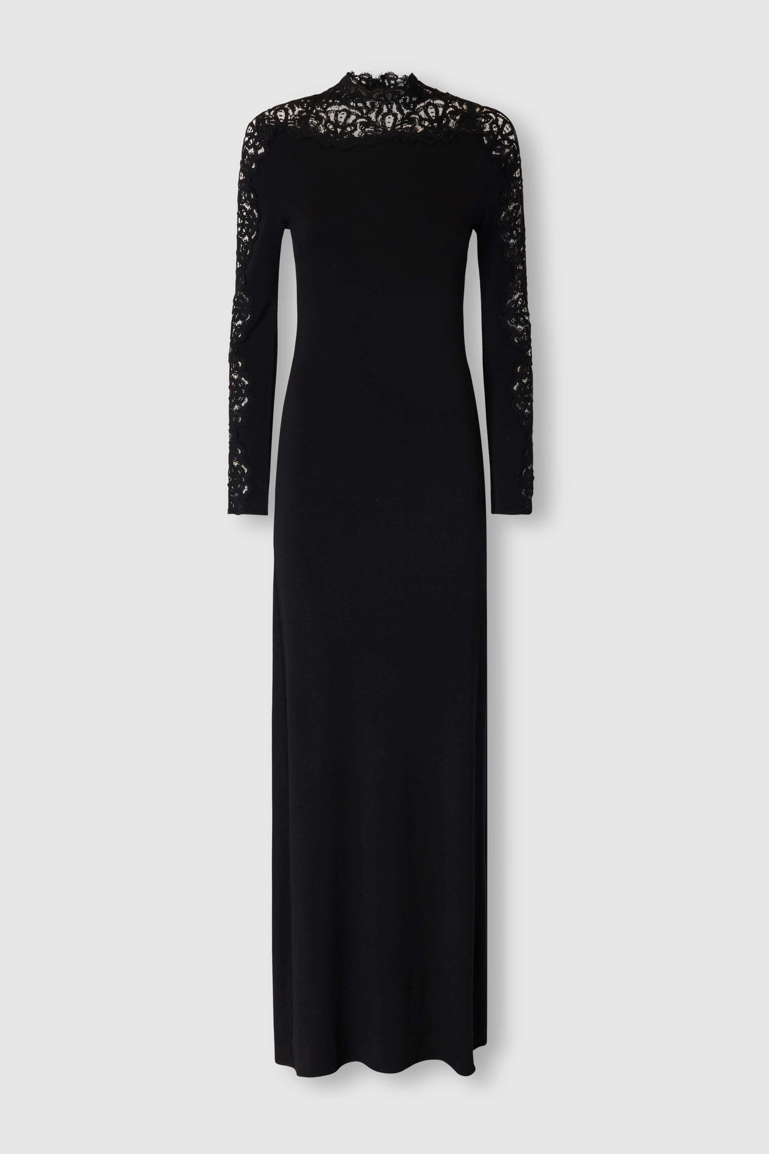 jersey dress with lace Long High Neckline and Cutwork Detail length silhouette Intricate lace