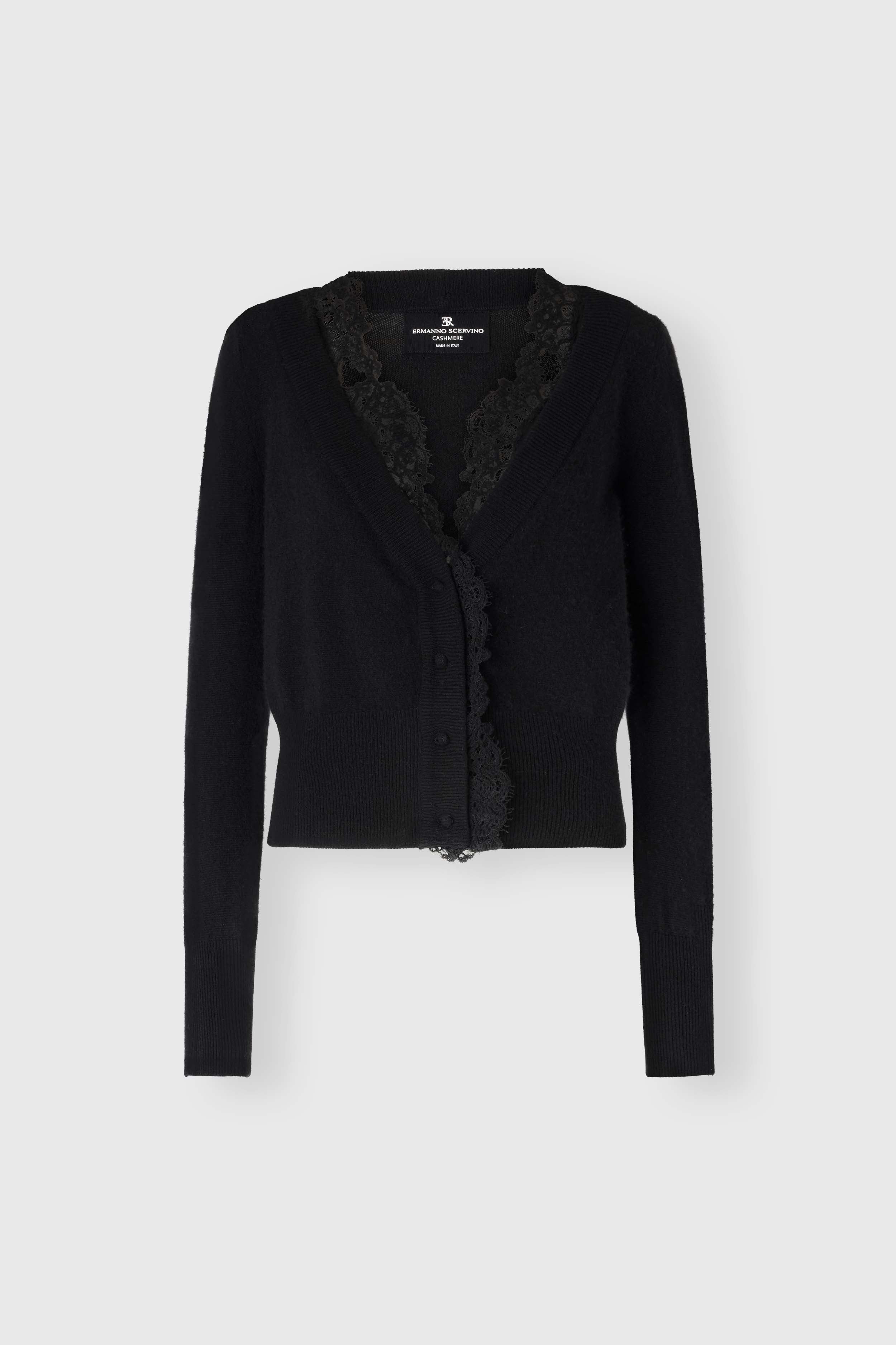 Pure cashmere deep V-neck cardigan with wool lace details