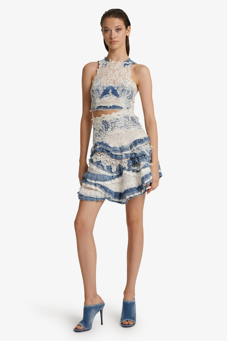 Top in denim e pizzo