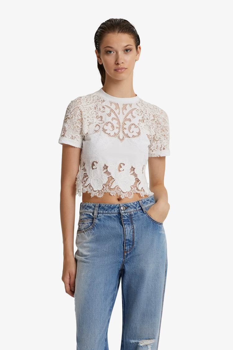 T-shirt cropped in pizzo