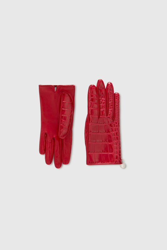 Crocodile-print leather gloves