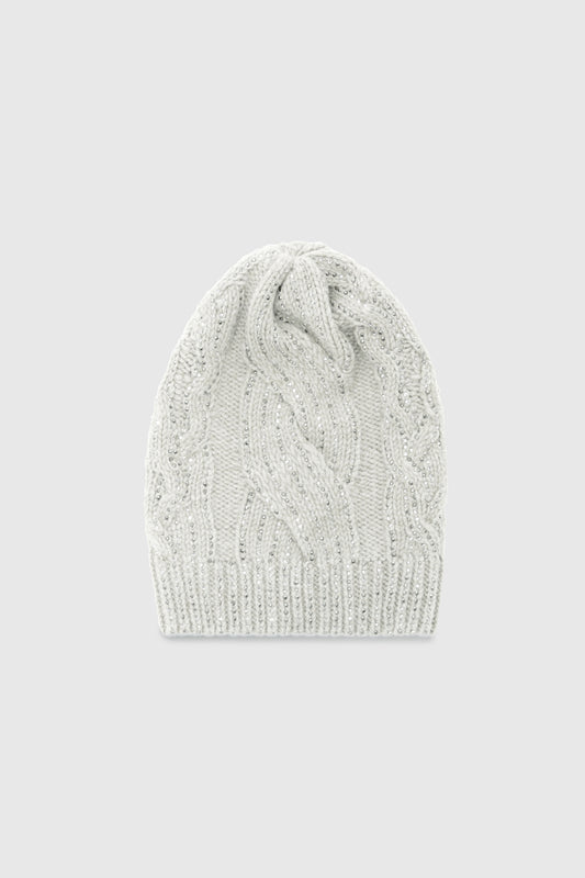 Crystal-adorned cable-knit hat