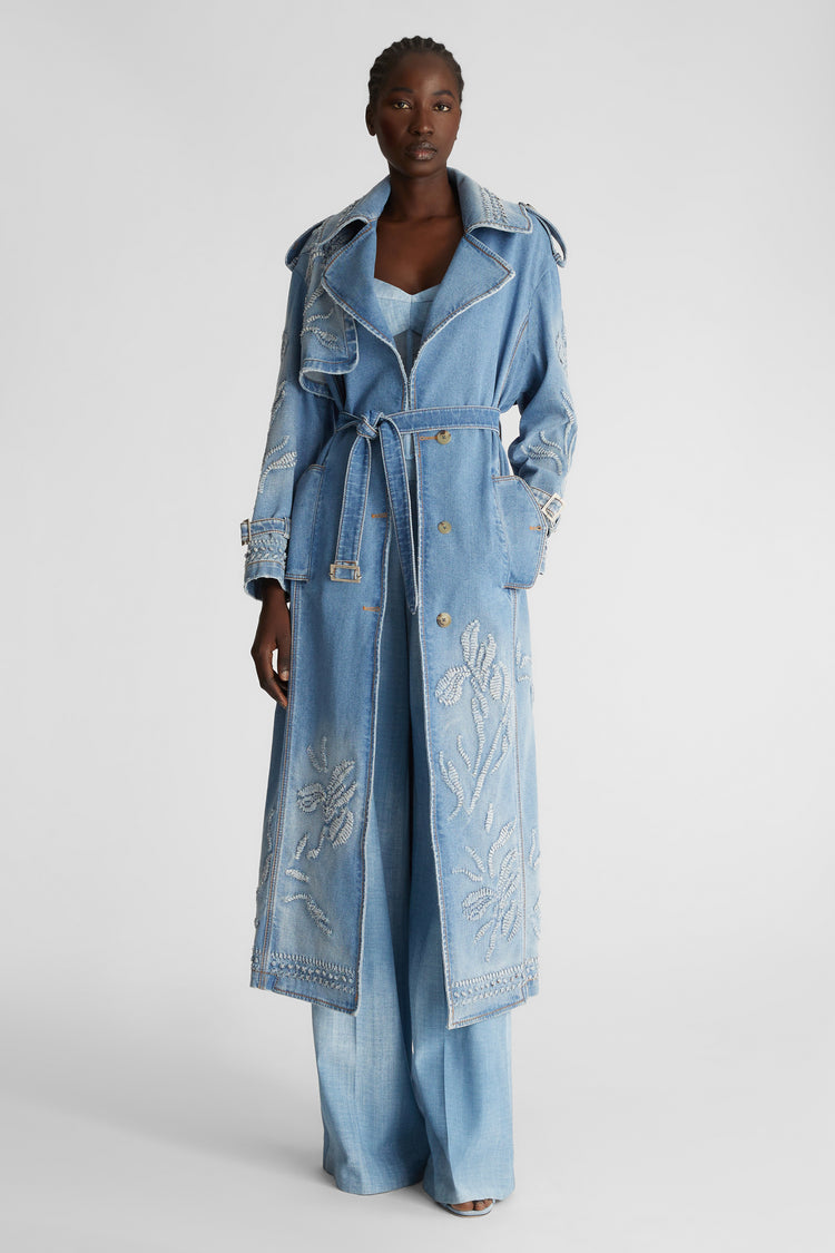 Denim trench coat with embroidery