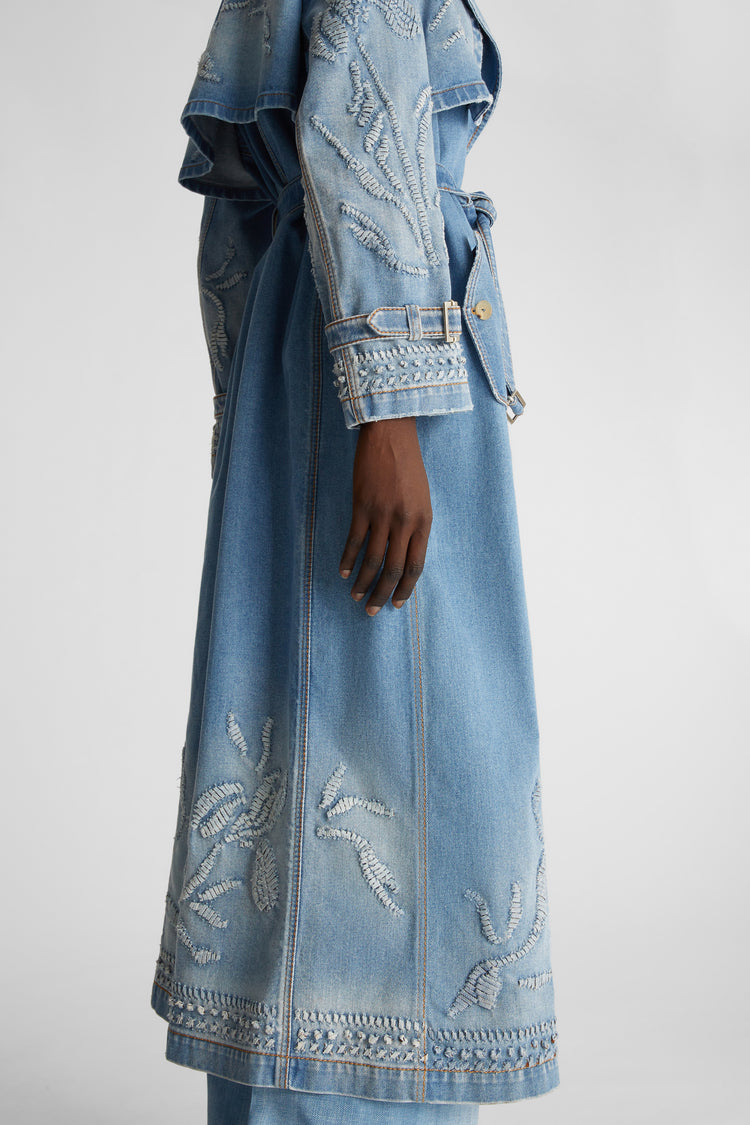 Denim trench coat with embroidery