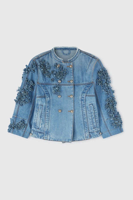 Denim double-breasted jacket with flower appliqués
