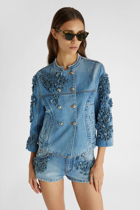 Denim double-breasted jacket with flower appliqués