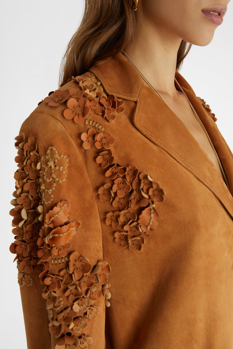 Single-breasted suede jacket with embroidery and appliqués