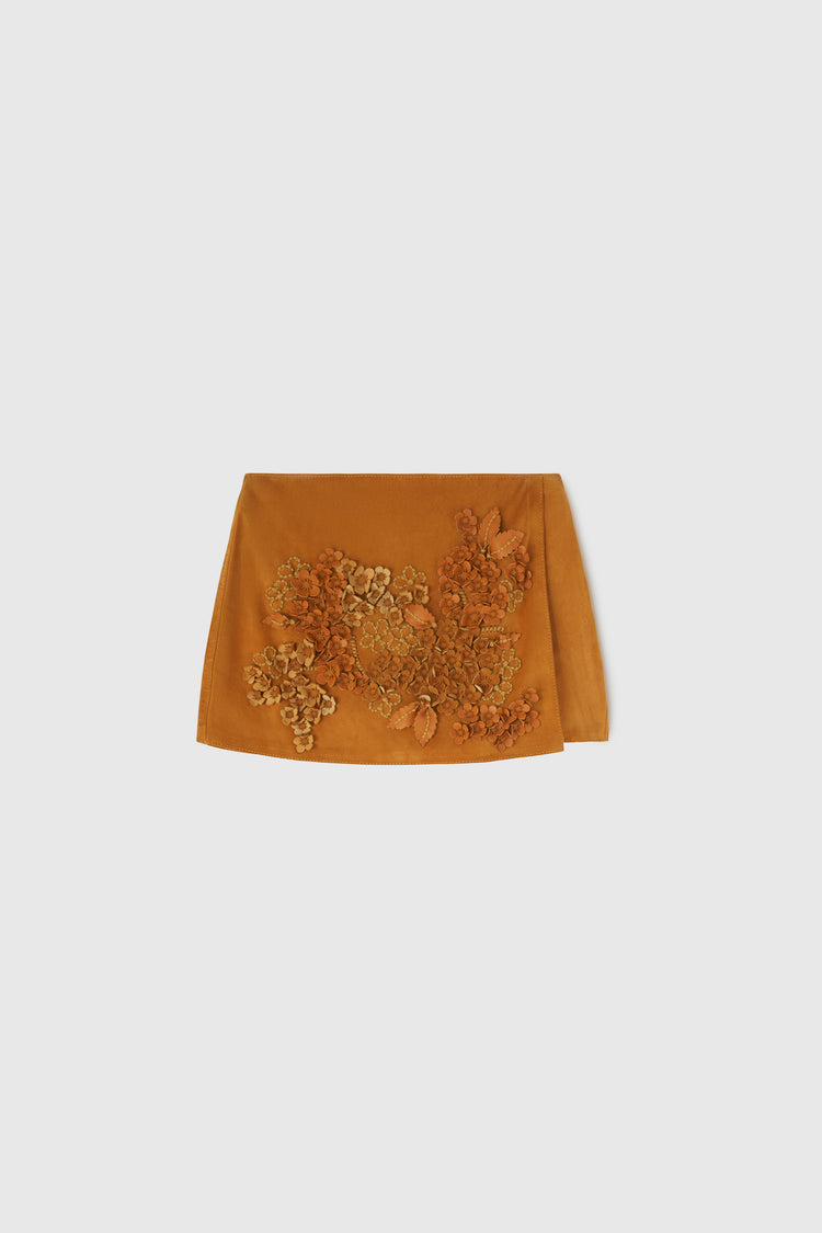 Suede skirt-pant with embroidery and appliqués