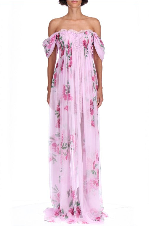 Long off shoulder dress in pure silk and flower print