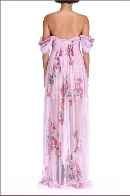 Long off shoulder dress in pure silk and flower print