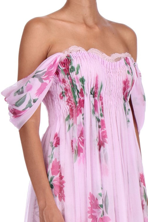 Long off shoulder dress in pure silk and flower print