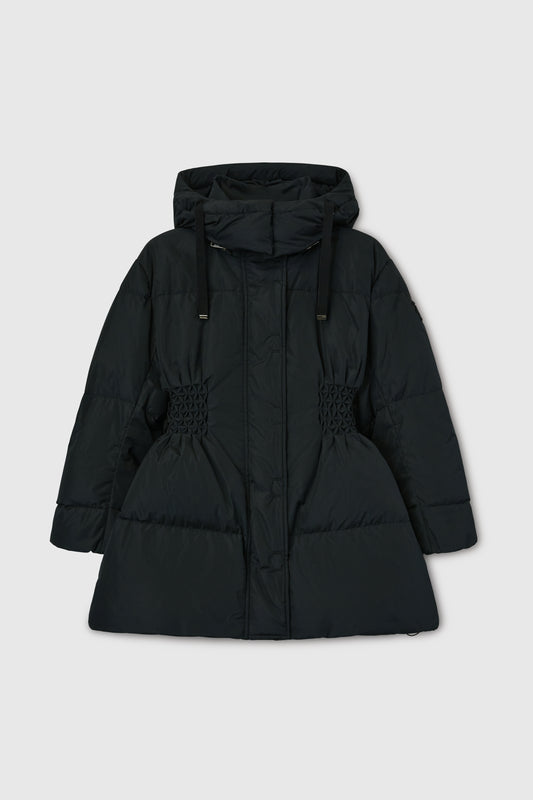 Hooded down jacket with handcrafted smock stitching