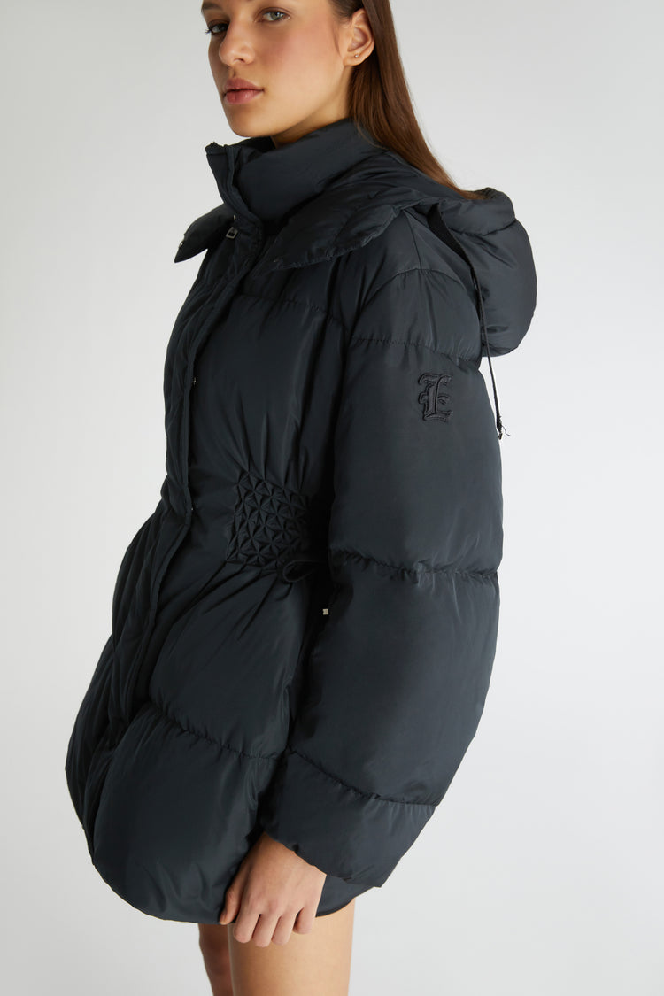 Hooded down jacket with handcrafted smock stitching