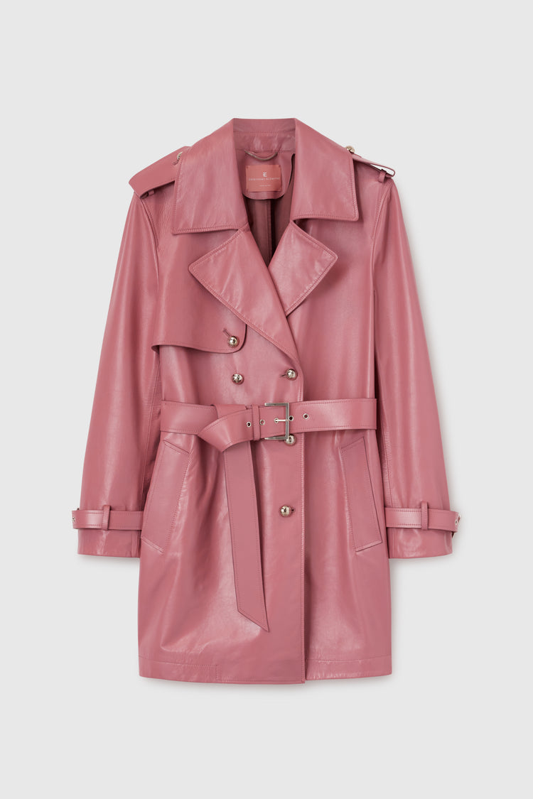 Belted leather trench coat