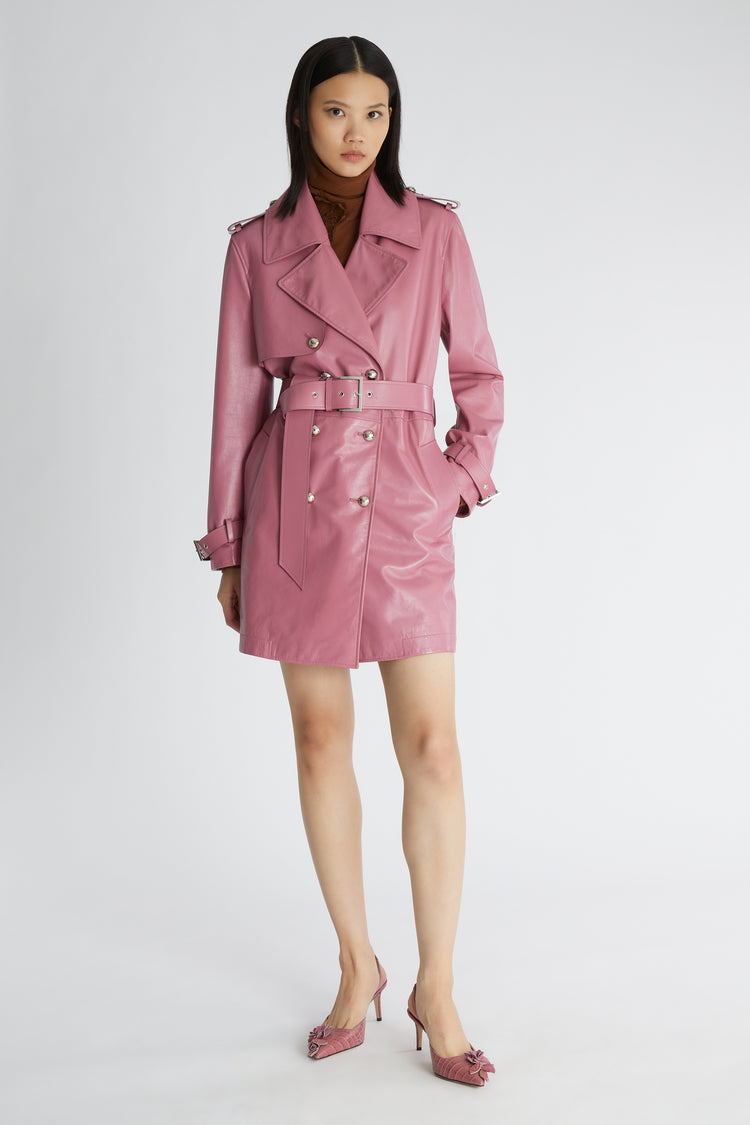 Belted leather trench coat