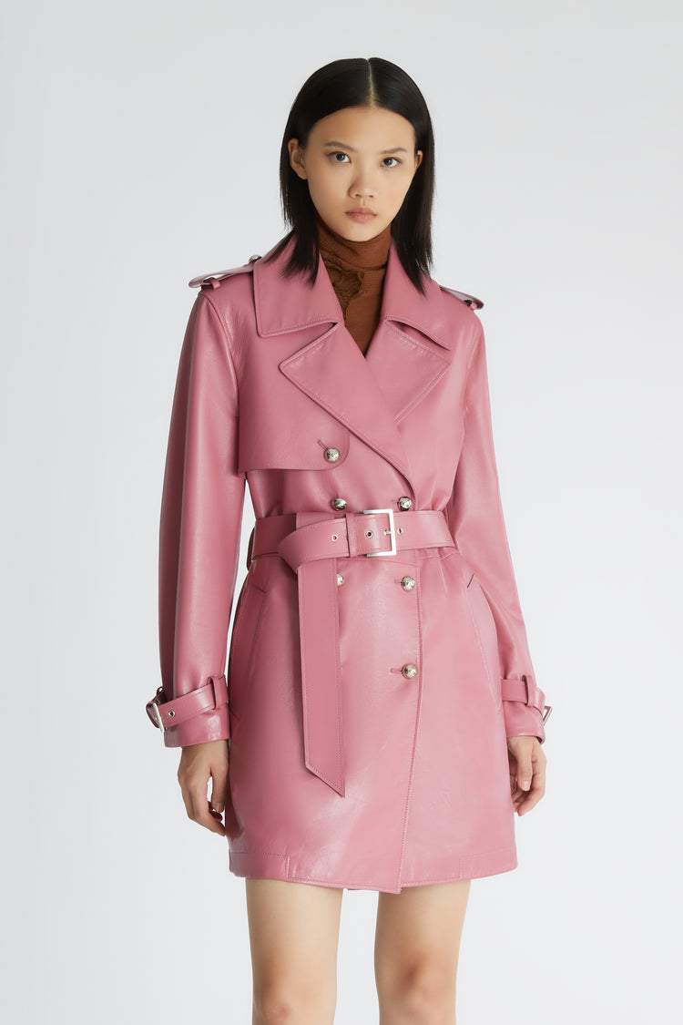 Belted leather trench coat