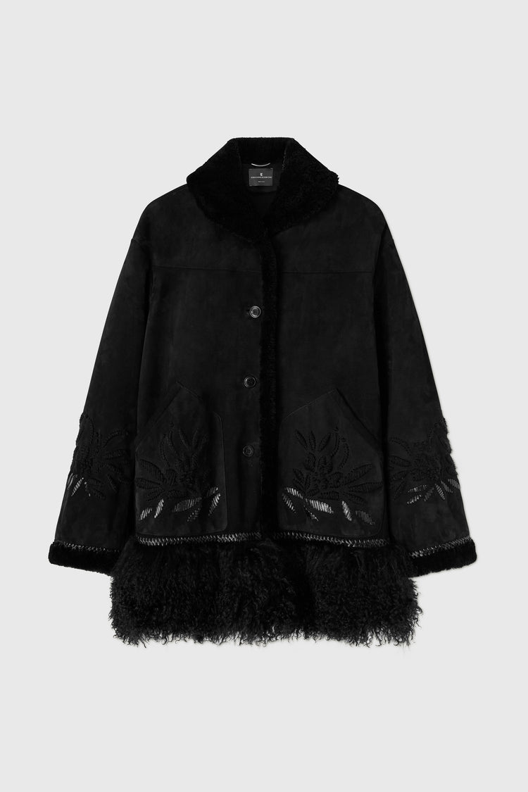 Shearling monopetto con ricami fatti a mano e pelliccia sul fondo