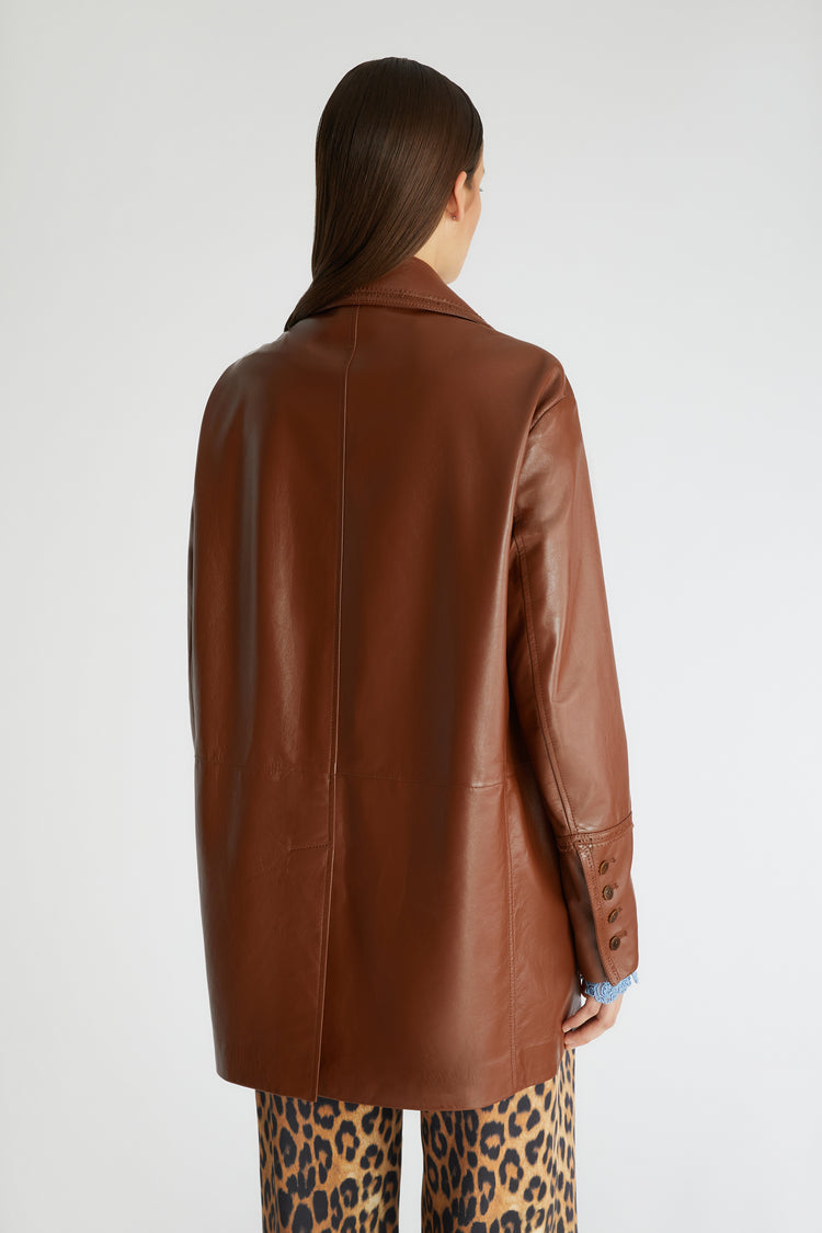 Single-breasted leather jacket with stitching