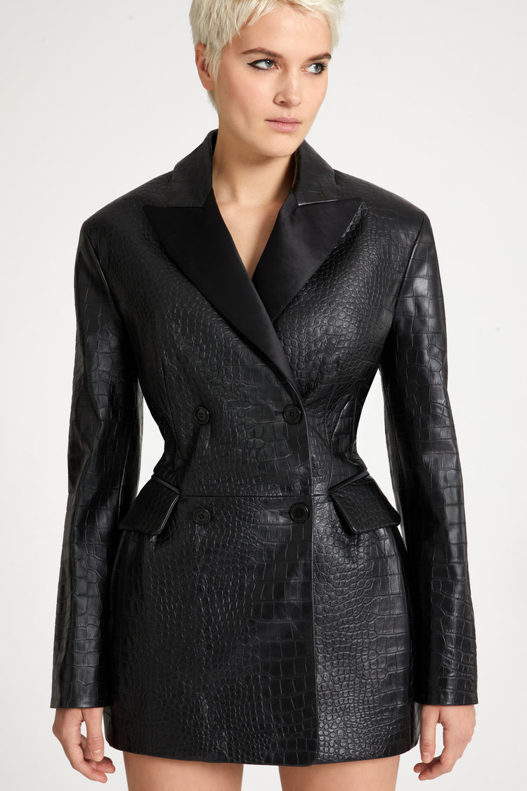 Crocodile-print lambskin double-breasted sculpture jacket